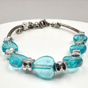 Vintage Aqua Blue Glass Heart Beaded Bracelet Flower Silver Tone Jewelry 90s Y2K